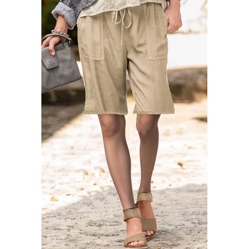 Women's Cotton Linen Shorts Shorts Slacks Streetwear Casual Short Natural Plain Pocket Elastic Drawstring Design Comfy Outdoor Street Daily Wear Going out Navy Black White Light Green Summer Regular