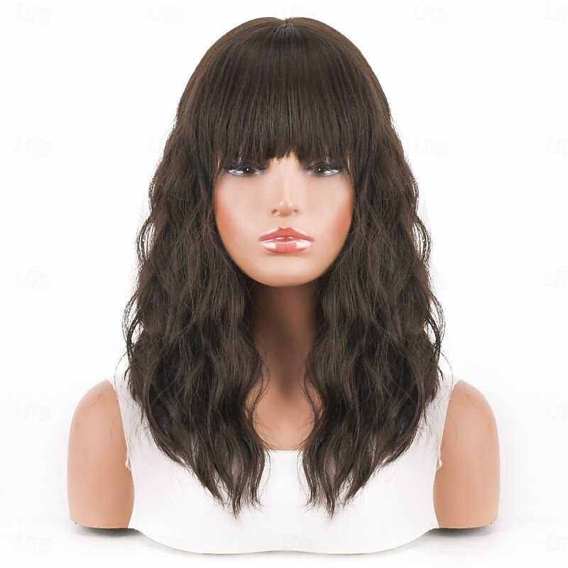 Synthetic Wig Body Wave Wavy Layered Haircut Neat Bang Machine Made Wig 18 inch A1 Synthetic Hair Women's Classic Highlighted / Balayage Hair Natural Hairline Black4