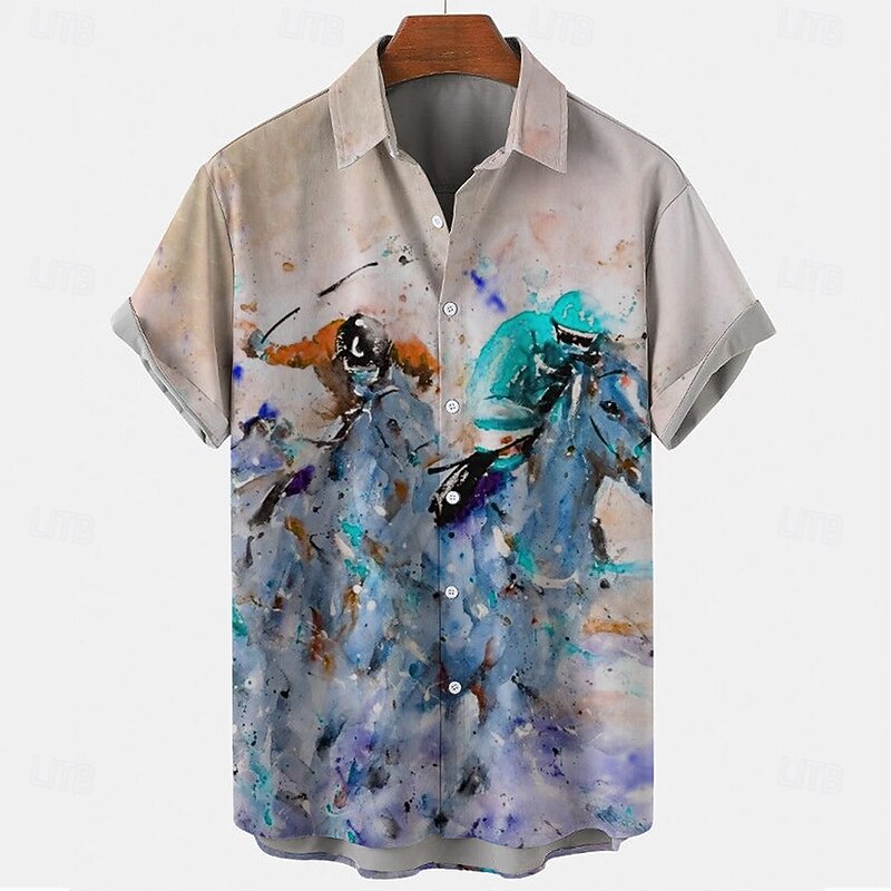 Kentucky Derby Men's Horse Racing Shirt Button Up Shirt Short Sleeve Vintage Retro Holiday Festival Summer Spring Turndown 3D Print Funny Kentucky Derby Shirts Blue Khaki2