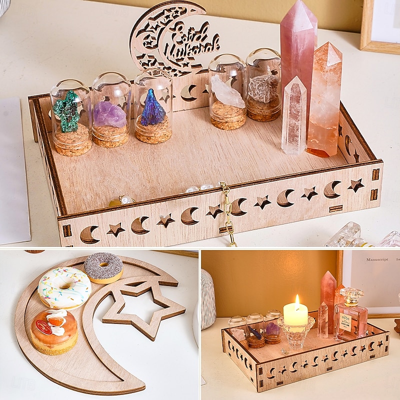 Ramadan Wooden Storage Box Tray – Star & Moon Laser Cut Design, Eid al-Fitr & Eid Celebration Table Organizer, Muslim Festival Decorative Basket