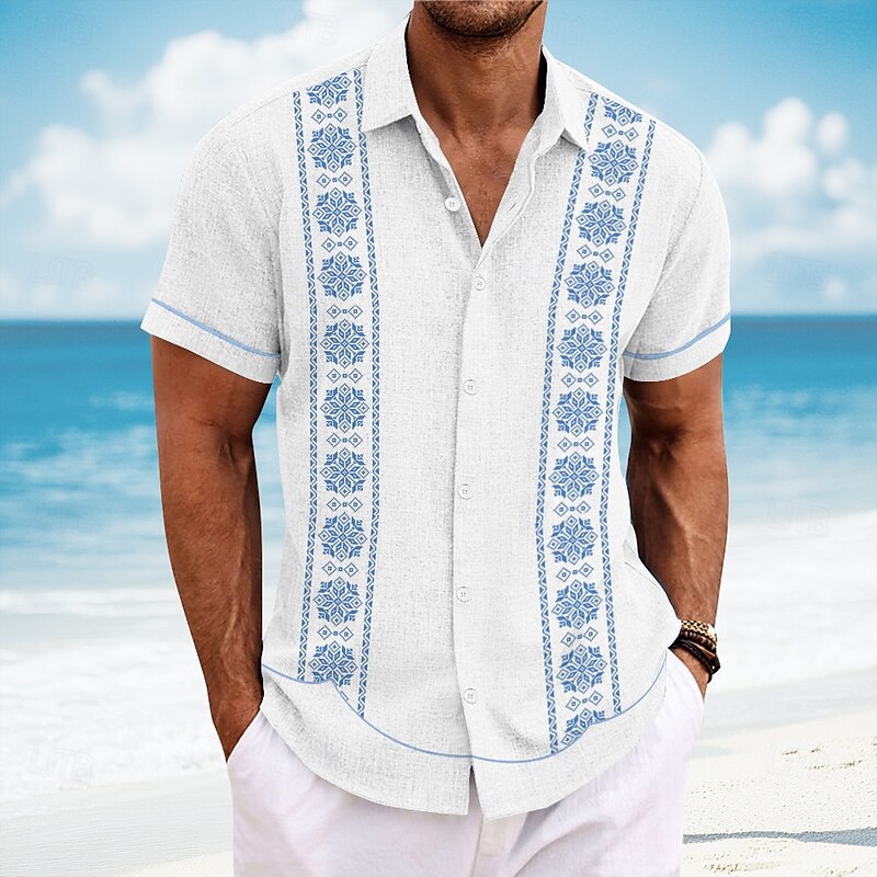 Men's Geometric Floral Print Flowers Shirt Guayabera Shirt Button Up Shirt Short Sleeve Fashion Casual Vacation Dailywear Beach Wear Summer Spring Turndown Collared Shirts White Blue