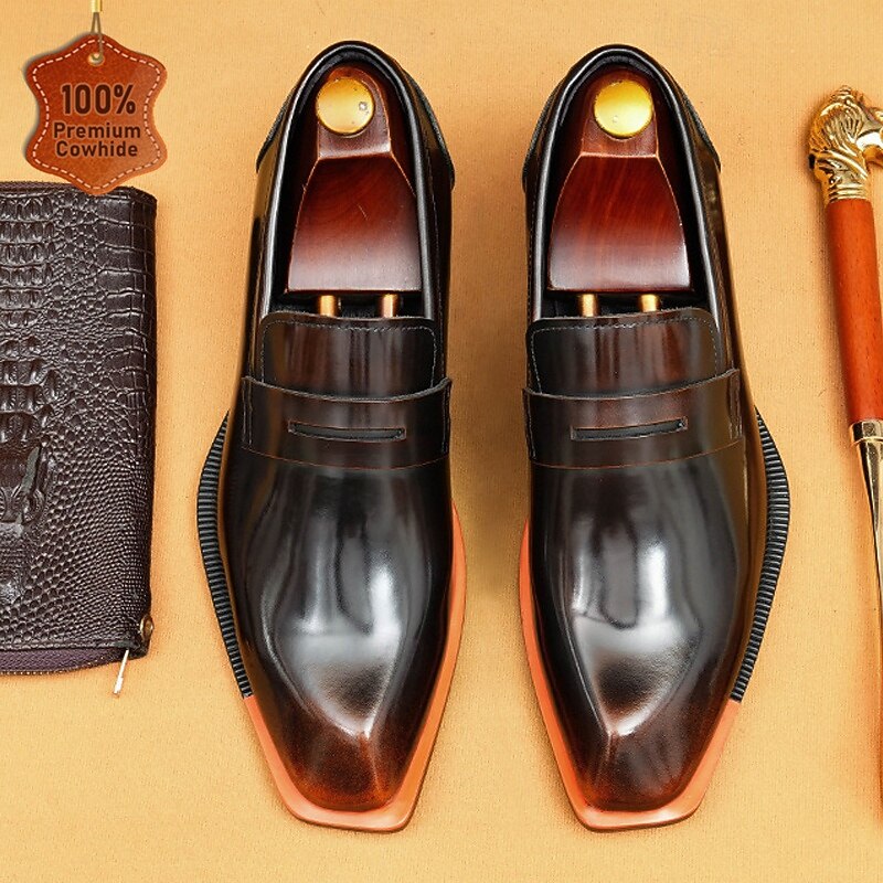 Men's Black Premium Cowhide Slip-On Loafers with Contrast Orange Accent, Formal Style for Business and Special Events