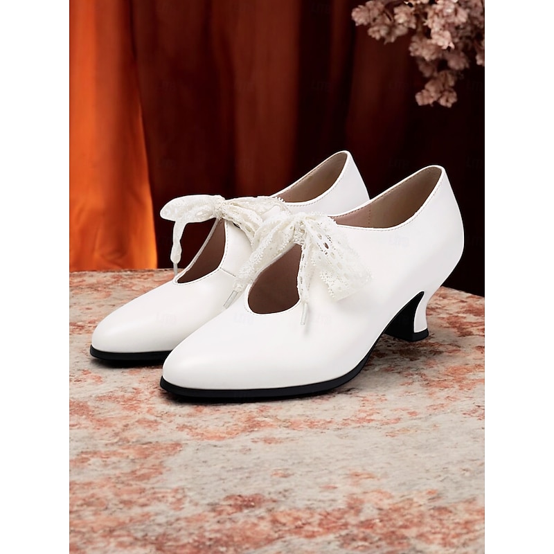 Women's Vintage White Lace-Up Heels – 1920s Victorian-Inspired Wedding Shoes with Elegant Lace Bow for Brides and Formal Events3
