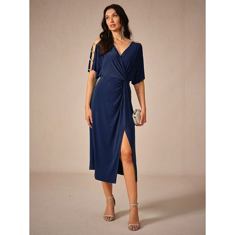 Women's Midi Dress Knit Dress Elegant Stylish Party Date Regular Fit Solid Color Short Sleeve V Neck Navy Blue Summer