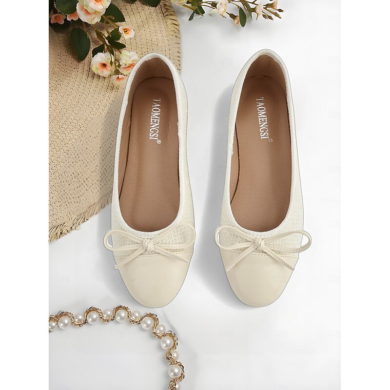 Women's Cream Ballet Flats with Bow – Comfortable Slip-On Round Toe Shoes for Everyday Wear and Casual Dates2