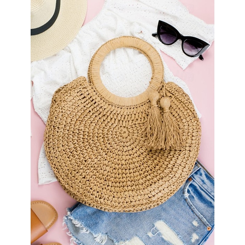 Women's Large Capacity Handmade Woven Straw Round Tote Bag - Bohemian Beach Tote with Tassels, Summer Vacation Rattan Wallet for Travel, Shopping and Vacation Brown Beige4