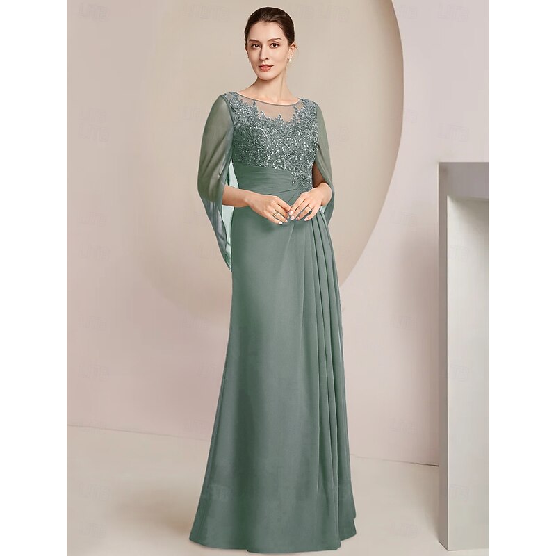 Sheath Dress Mother of the Bride Dress Elegant Jewel Neck Floor Length Chiffon Half Sleeve with Lace Side-Draped Solid Color