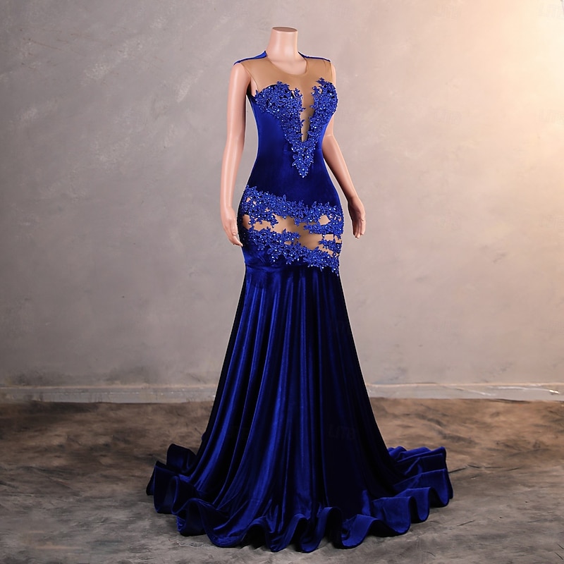 Mermaid / Trumpet Evening Gown Elegant Dress Formal Prom Court Train Short Sleeve Crew Neck Sequined with Pearls Appliques2