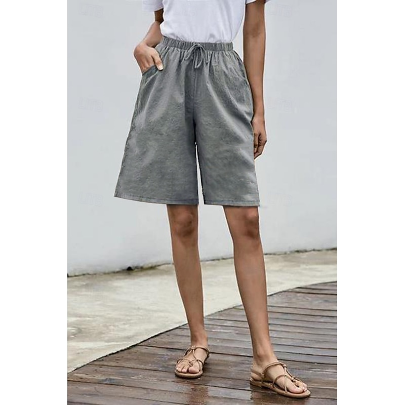 Women's Cotton Linen Shorts Shorts Slacks Streetwear Casual Short Natural Plain Pocket Elastic Drawstring Design Comfy Comfortable Street Going out Grey Navy Black White Summer Regular Fit