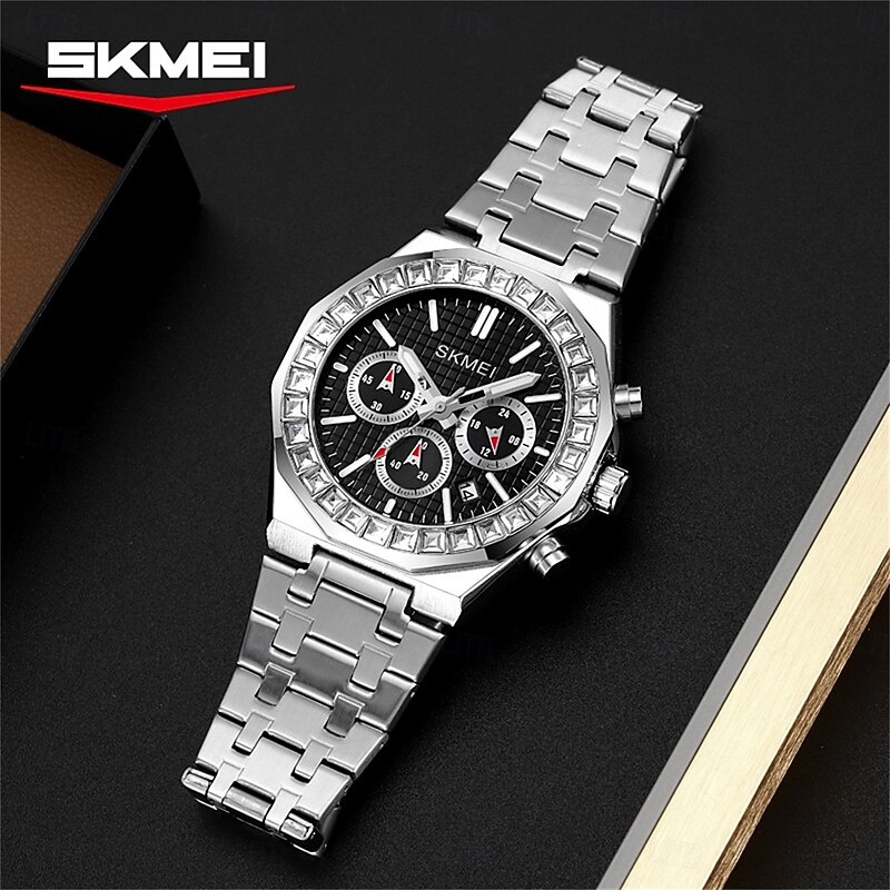 SKMEI Men Quartz Watch Luxury Fashion Rhinestone Business Luminous Calendar Waterproof Decoration Stainless Steel Strap Watch2