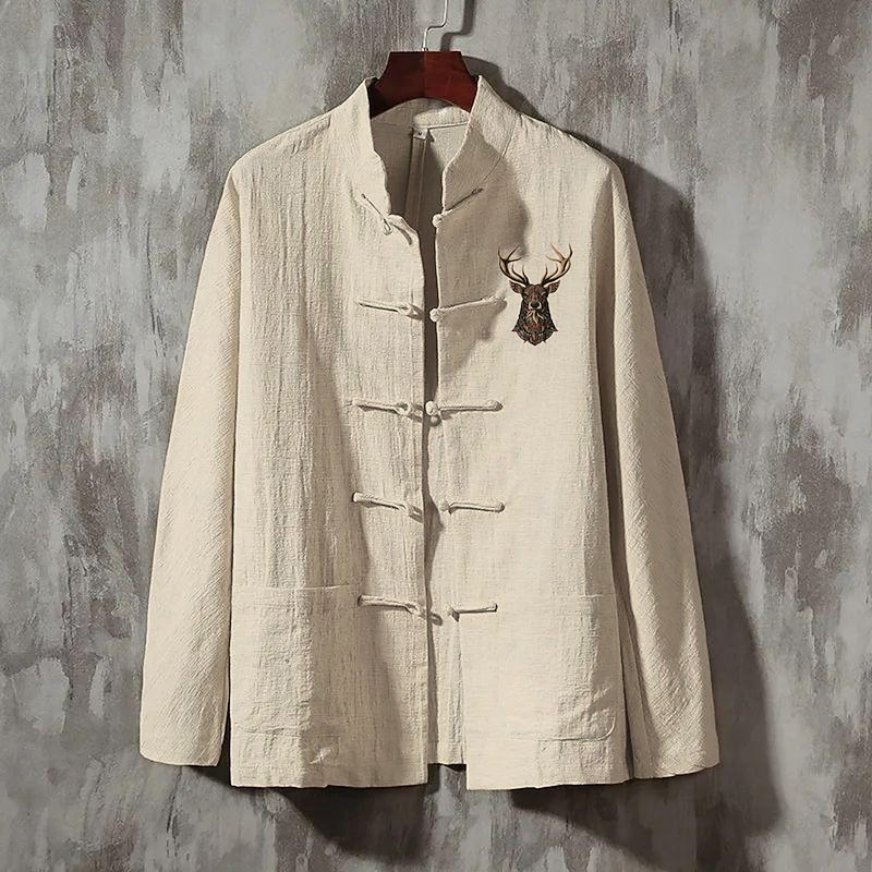 Men's Linen Shirt Casual Shirt Button Up Shirt Reindeer Vacation Street Black White Dark Navy Beige Long Sleeve Band Collar Spring & Summer Clothing Apparel Pocket