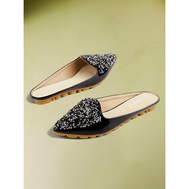 Women's Black Rhinestone Pointed Mules – Slide-On Flats with Crystal Embellishments for Stylish Daily Dates3