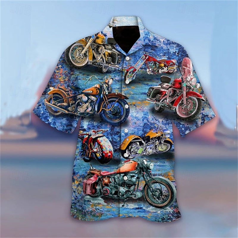 Men's Motorcycle Shirt Summer Hawaiian Shirt Camp Collar Shirt Short Sleeve Shirt Turndown Hawaiian Designer Casual Outdoor Street Casual Red Navy Blue Blue 3D Print S M L