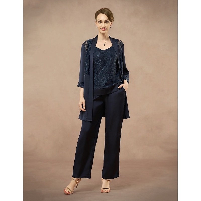 3 Piece Mother of the Bride Pantsuit Metalic Floral Lace Applique Elegant Minimalist V Neck Ankle Length Lace 3/4 Length Sleeve Jacket2025