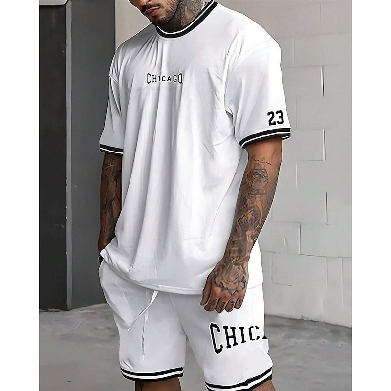 Men's Tracksuit Outfit Set Shorts Crew Neck Outdoor Daily Sports Pocket Drawstring 2 Piece Graphic Letter Black White Light Green Polyester Activewear Streetwear Casual Summer2
