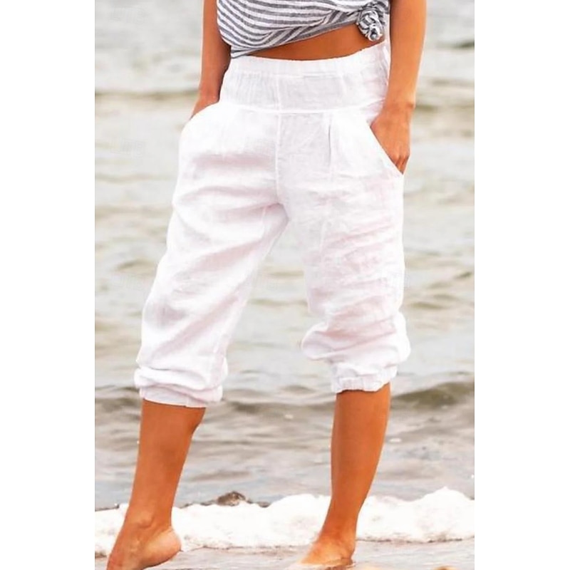 Women's Capri Pants Cotton Linen Pants Slacks Streetwear Casual Calf-Length Natural Plain Pocket Elastic Waist Comfy Outdoor Comfortable Street Daily Wear Going out Sapphire Black White Dark Gray