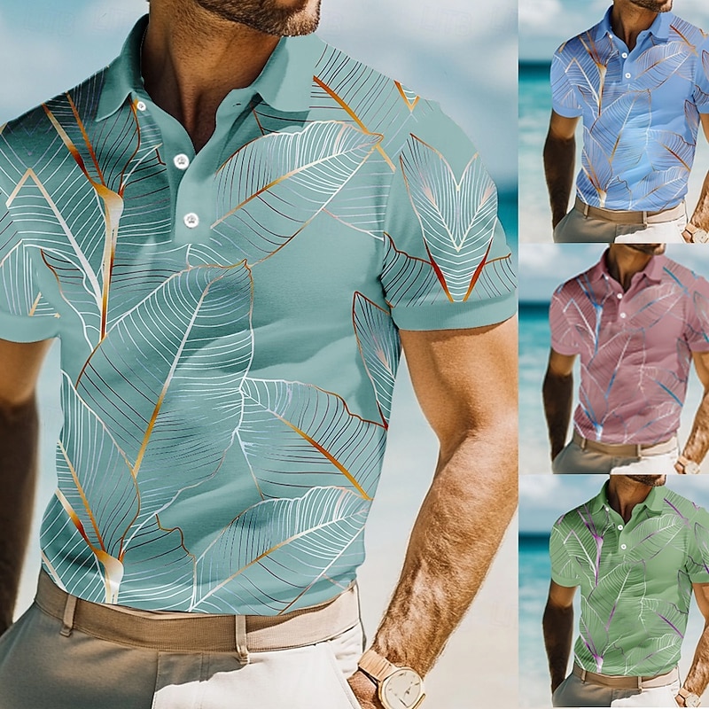 Men's Leaves Polo Short Sleeve Polo Shirts Collared Shirts Casual Resort School Outdoor Daily Wear Vacation Wear 3D Print Summer Spring Fall Lake blue Pink Blue