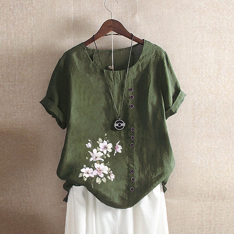 Women's Blouse Cotton Linen Shirts Flower Casual Short Sleeve Crew Neck Regular Tops Daily Holiday Print White Yellow Army Green Green Summer