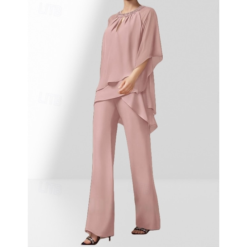 Two Piece Pantsuit Mother of the Bride Dress Wedding Guest Elegant Crew Neck Floor Length Chiffon 3/4 Length Sleeve with Beading Ruching