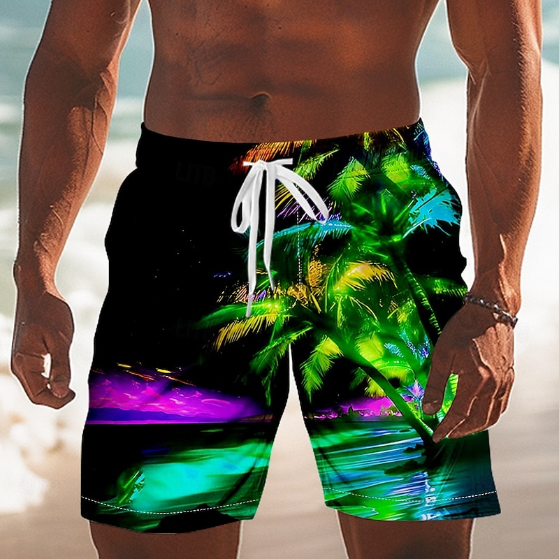 Men's Coconut Tree Tropical Plants Swim Trunks Swim Shorts Board Shorts Mid Waist Hawaiian Vacation Drawstring Mesh Lining Elastic Waist Designer Clothing Apparel3