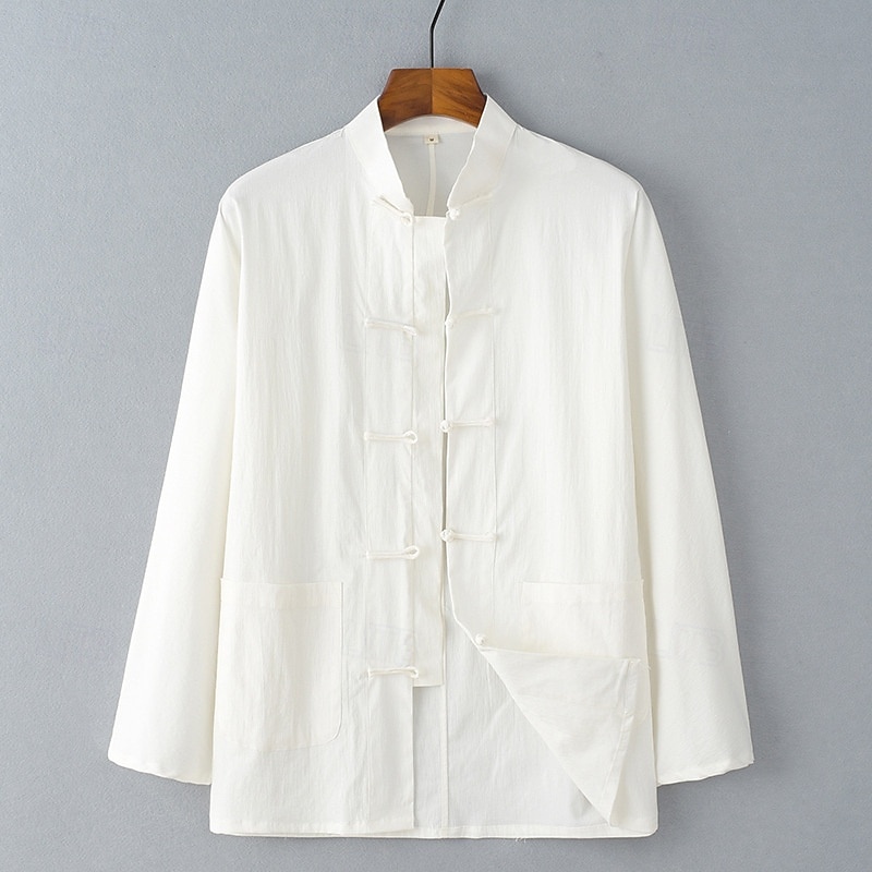 Men's Shirt Linen Shirt Casual Shirt Button Up Shirt Cotton Shirt Plain Vacation Holiday Black White Navy Blue Khaki Long Sleeve Band Collar Summer Spring Clothing Apparel Pocket2