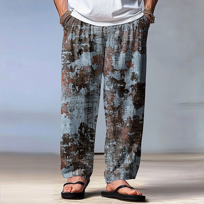 Men's Retro Distressed Print Trousers Baggy Pants Casual Pants Mid Waist Vintage Outdoor Vacation Holiday Drawstring Elastic Waist Wide Leg Summer Spring 3D Print Blue Green Gray4