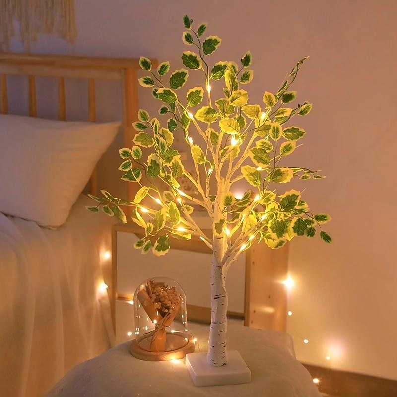 1 Pc 60cm with green leaf LED luminous tree light, warm white light, spring and summer indoor and outdoor courtyard decoration, AAA battery box power supply, USB power supply dual-use2