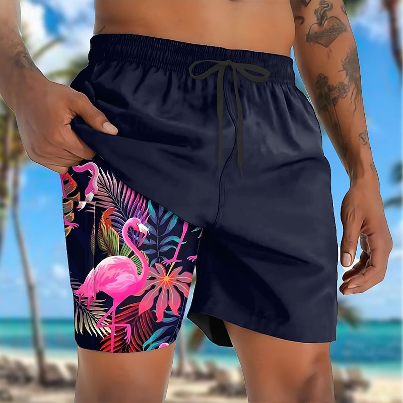 Men's Flamingo Bird Lined Shorts 2 in 1 Board Shorts Swim Shorts Mid Waist Hawaiian Vacation Holiday Beach Wear Side Pockets With Compression Liner Elastic Drawstring Waist Designer Clothing Apparel