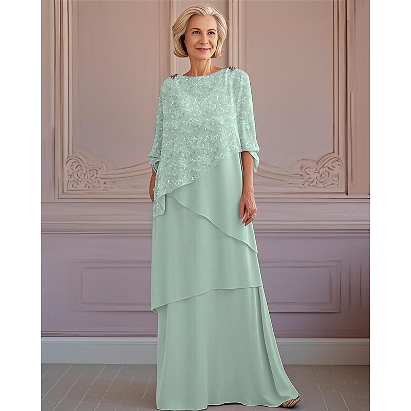 A-Line Tier Lace Mother of the Bride Dress Elegant Vintage Jewel Neck Ankle Length Lace Half Sleeve with Sequin Embroidery2