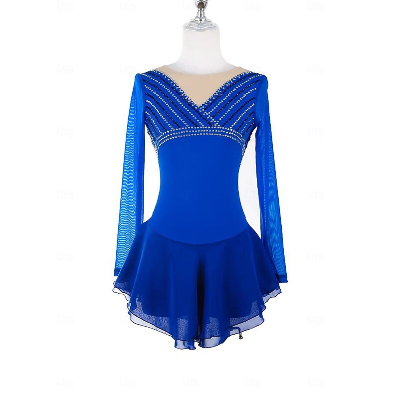 Figure Skating Dress Women's Girls' Ice Skating Dress Blue Patchwork Open Back Mesh Spandex Stretchy Training Practice Professional Skating Wear Thermal Warm Crystal / Rhinestone Long Sleeve Ice