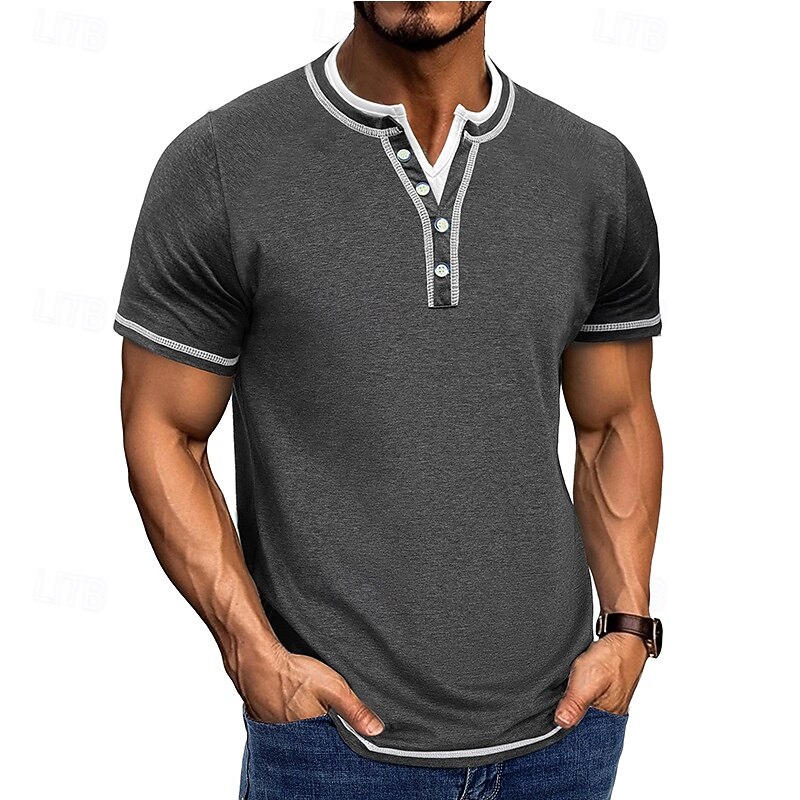 Men's Henley Shirt Tee Short Sleeve Plain Vintage Buttons Fake two piece Henley Outdoor Casual Daily Summer Spring &  Fall Dark Grey Black Light Blue Henley T-Shirt