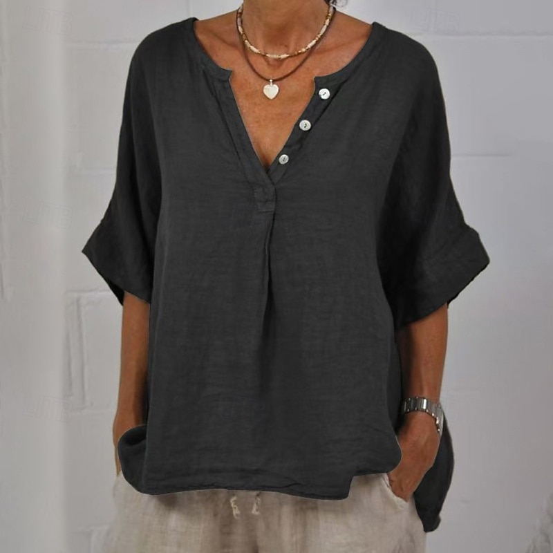 Women's Shirt Blouse Cotton Linen Shirts Plain Basic Modern Casual Half Sleeve V Neck Regular Tops Daily Holiday Going out Buttons Black Yellow Rose Pink Gray Light Blue Summer4