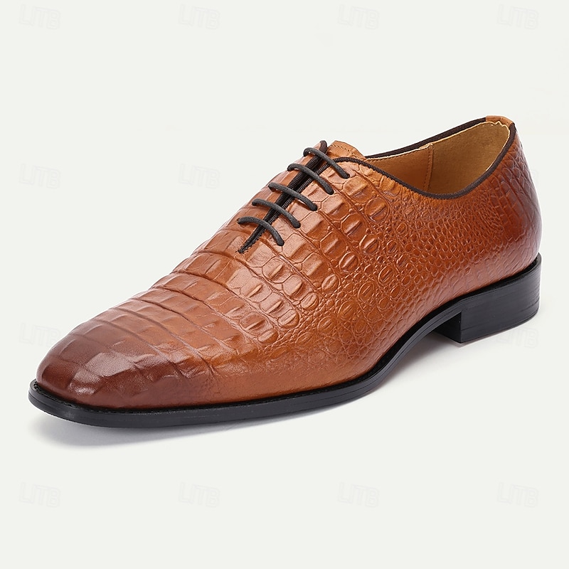 Men's Oxfords Crocodile Pattern Leather Shoes in Cognac - Elegant for Business and Kentucky Derby2