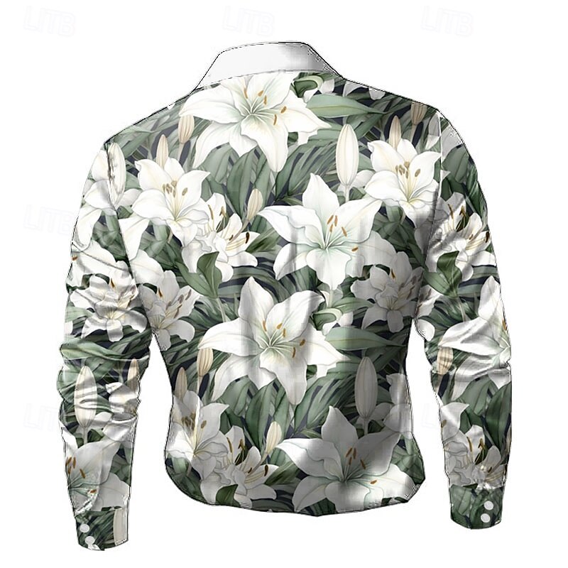 Easter Men's Floral Print Lily Flowers Satin Shirt Dress Shirt Button Up Shirt Long Sleeve Fashion Casual Vacation Holiday Summer Spring Fall Turndown Collared Shirts 3D Print White Green2