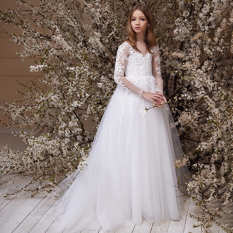 Flower Girl Dress Girls' Formal Dress Princess Dress First Communion Dress Wedding Attire Wedding Party Princess Sweet Easter Ruched Solid Color Long Sleeve V Neck White 4 years+