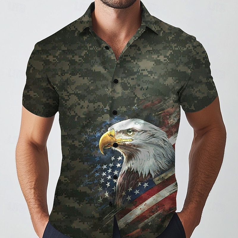 Men's Camouflage American US Flag Eagle Shirt Casual Shirt Button Up Shirt Short Sleeve Army Militray Outdoor Vacation Streetwear Summer Spring Turndown 3D Print Collared Shirts Army Green Dark Blue2