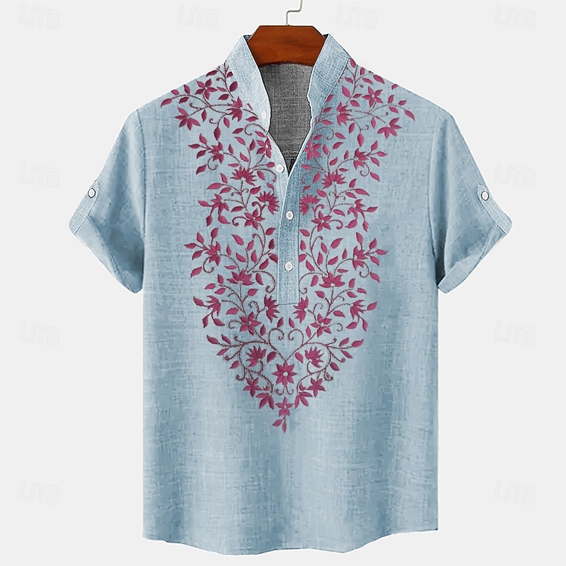 Men's Ethnic Linen Shirt Summer Shirt Short Sleeve Casual Tribal Vacation Daily Summer Spring Mandarin Collar Print Blue Khaki Gray2