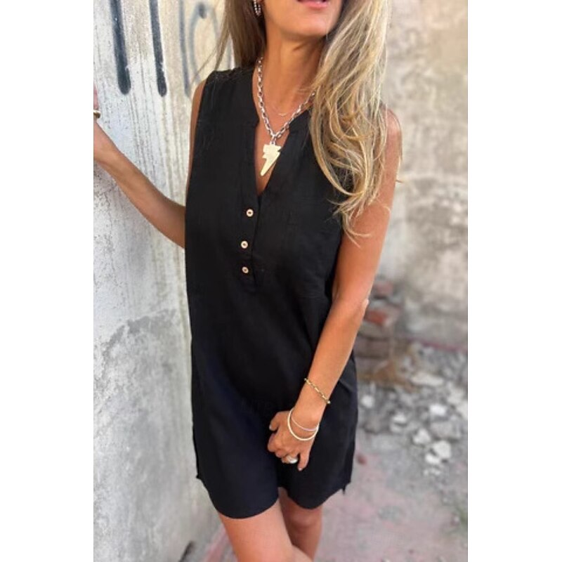Women's Mini Dress Linen-Inspired Dresses Cotton Linen Dress Fashion Classic Modern Vacation Daily Holiday Regular Fit Plain Sleeveless V Neck Black Beige Grey Light Blue Summer