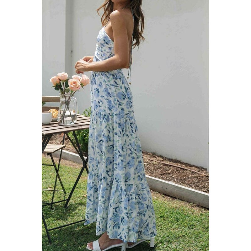 Women's Midi Dress Graduation Dress Floral Dress Fashion Outdoor Vacation Holiday Regular Fit Flower Sleeveless Halter Neck Red Blue Orange Summer4