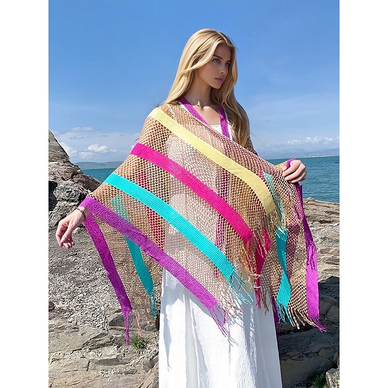 Women's Mesh Knit Beach Cover-up Scarf - Boho Striped Fringe Swimsuit Kimono, Lightweight and Breathable Summer Cardigan for Vacation, Poolside and Holiday Wear