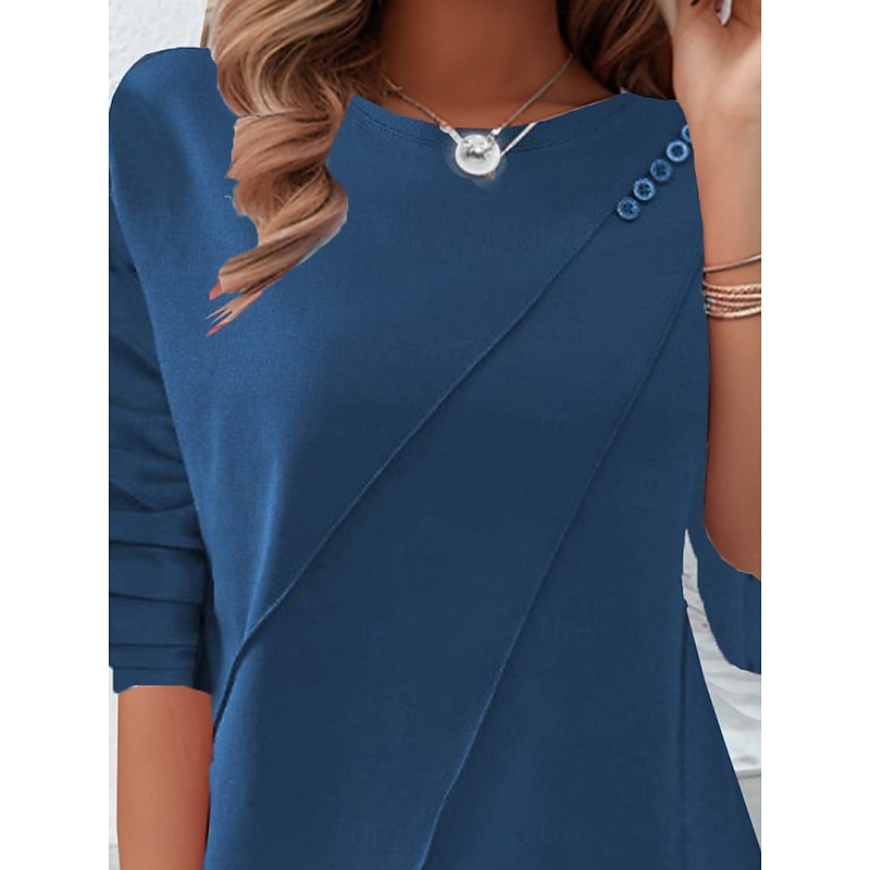 Women's T shirt Long Sleeve Solid Color Stylish Casual Long Sleeve Crew Neck Regular Tops Daily Buttons Black Yellow Red Blue  Spring Prefall2