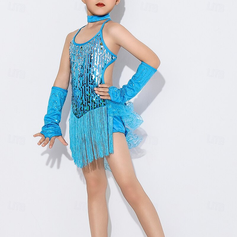 Latin Dance Dress Tassel Pure Color Splicing Girls' Performance Training Sleeveless Polyester2