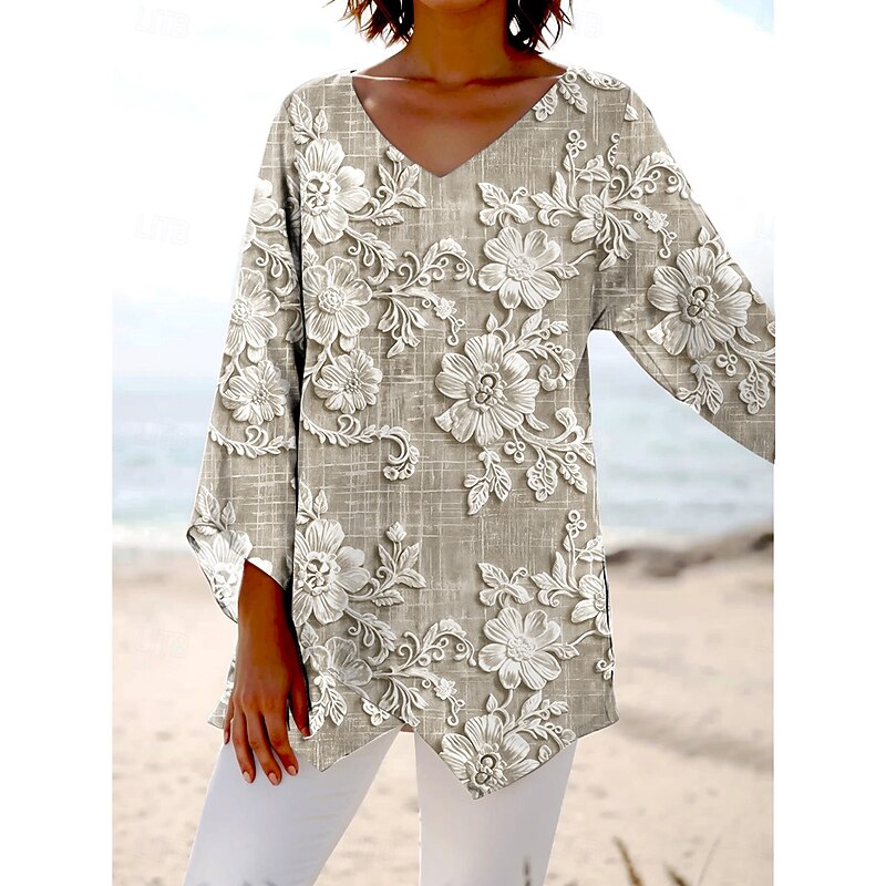Women's Blouse Long Sleeve Asymmetrical Hem 3D Print Floral Graphic Hawaiian Stylish Casual Short Sleeve V Neck Regular Tops Daily Holiday Going out Print Red Blue Purple Green Khaki Summer Spring