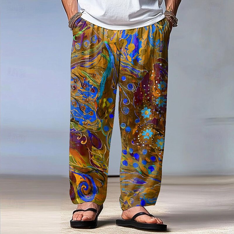 Men's Floral Print Flowers Trousers Baggy Pants Casual Pants Mid Waist Vintage Retro Outdoor Vacation Holiday Drawstring Elastic Waist Wide Leg Summer Spring 3D Print Blue Brown4