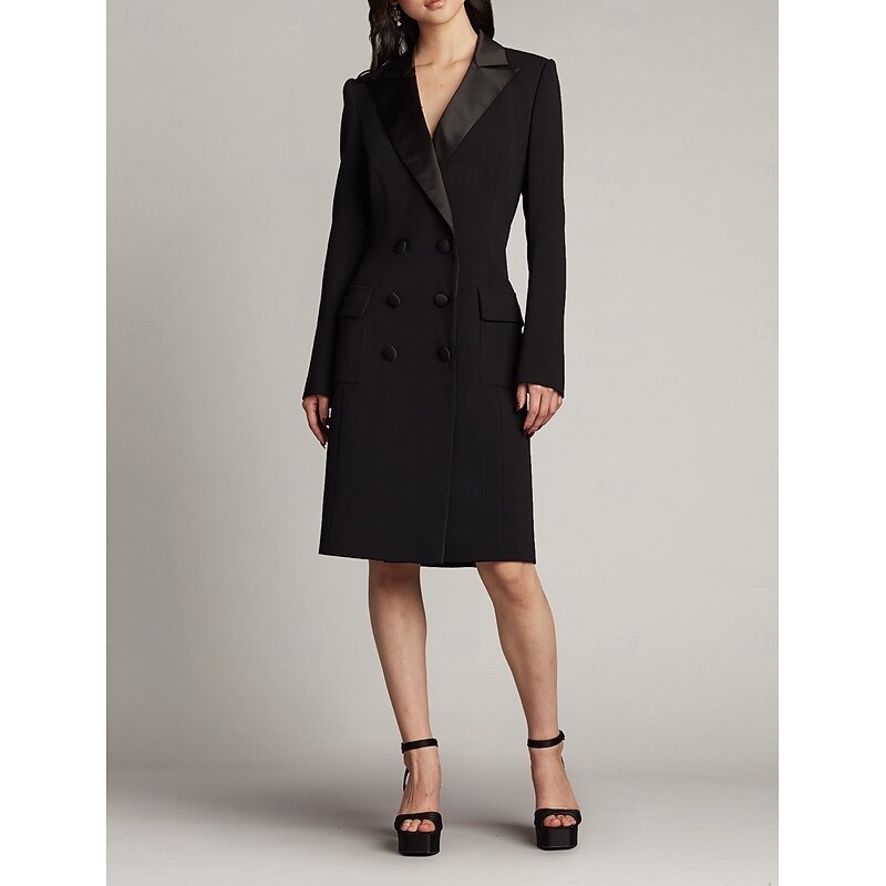 Tuxedo Dress Sheath / Column Wedding Guest Church Satin Elegant Simple Long Sleeve Midi Length Notched Lapels Double Breasted
