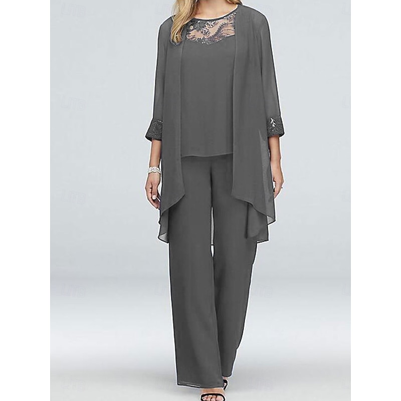 3 Piece Mother of the Bride Dress Elegant Vintage Crew Neck Floor Length Spandex Long Sleeve with Solid Color2