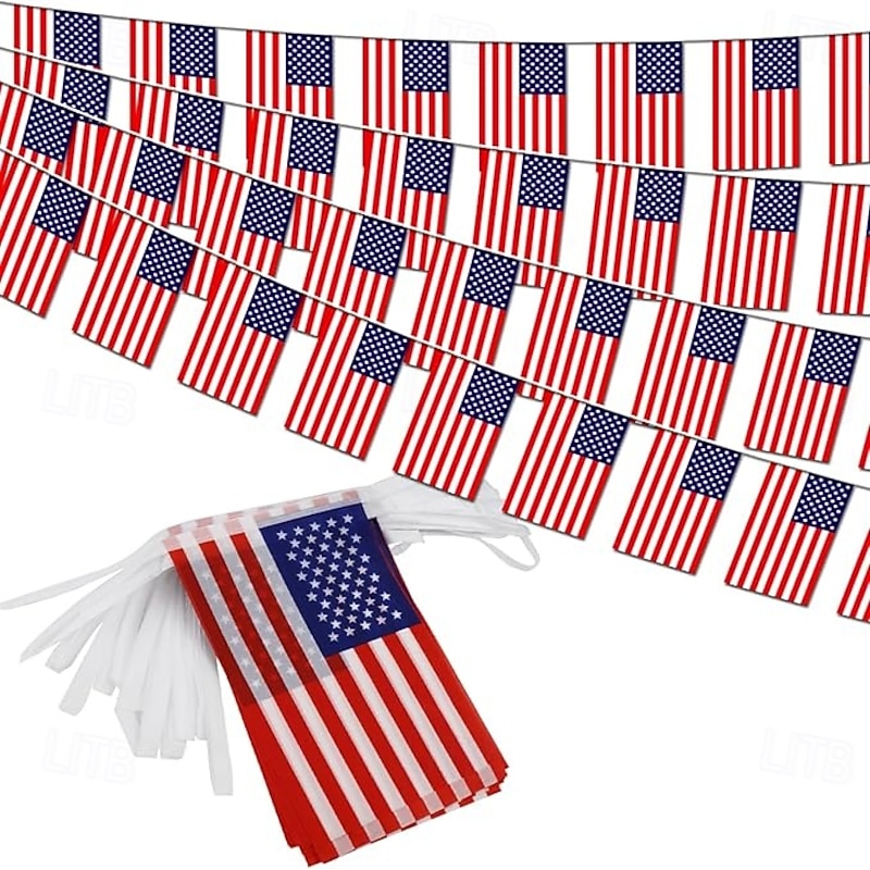 Flag Pennant Banner Long American String Flags Tall Triangle Flag Decorations USA Party Stars and Stripes Bunting Garland 4th of July Patriotic Decoration