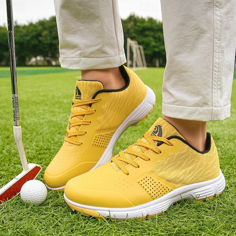 Men's Bright Yellow Golf Sneakers, Lightweight Design, Breathable Material for Summer Golf Outings