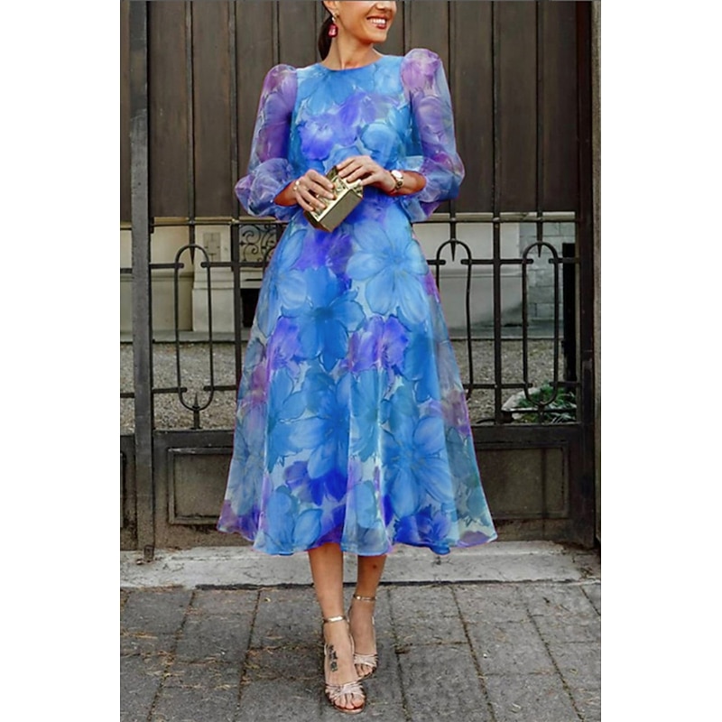 Women's Midi Dress Floral Dress Print Dress Fashion Classic Modern Puff Sleeve Vacation Going out Weekend Regular Fit Flower Long Sleeve Crew Neck Blue Rose Red Summer