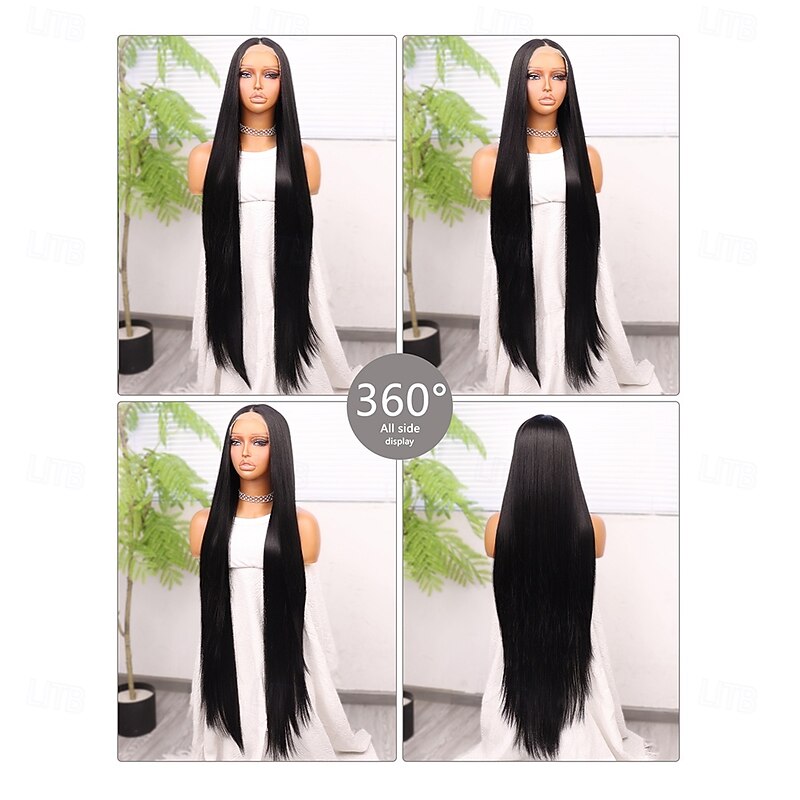 Synthetic Lace Wig Straight Style 38 inch Black Middle Part 13x4x1 T Part Lace Front Wig Women's Wig Black2